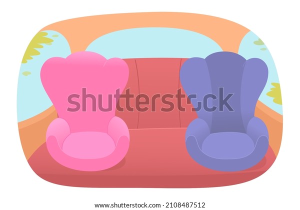 Back seats for kids inside car vector
illustration. Cartoon salon interior of automobile with windows,
pink and blue baby chairs for small passengers. Safe family
transportation, travel
concept