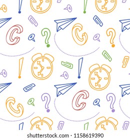 Back to shool background. Hand drawn doodle seamless pattern. Creative elements. Vector cartoon illustration.