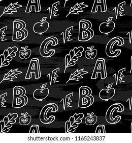 Back to shool background. Hand drawn doodle seamless pattern. Creative elements. Vector cartoon illustration.