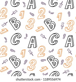 Back to shool background. Hand drawn doodle seamless pattern. Creative elements. Vector cartoon illustration.