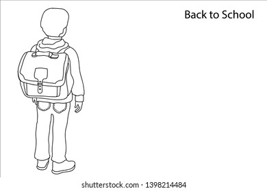 Back to Shool Card. Child with a backpack. Line drawing style. Template for cards, coloring pages, posters, banners.