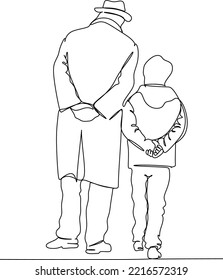 Back to Shool Card. Child and dad going together. Line drawing style. Template for cards, coloring pages, posters, banners.