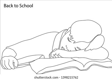 Back to Shool Card. Child sleeping with books. Line drawing style. Template for cards, coloring pages, posters, banners.