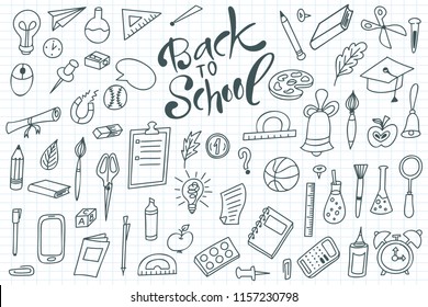 Back to shool design elements. Hand drawn clipart with supplies. Doodle vector illustration.