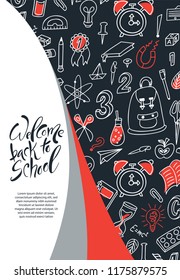 Back to shool design poster. Hand drawn clipart with supplies. Doodle vector illustration.