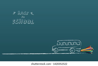 Back to shool poster vector template with schoolbus and color pencils, hand drawing on chalkboard. Start of school year, shopping for supplies, sale and offers promotion. Eps10 illustration.