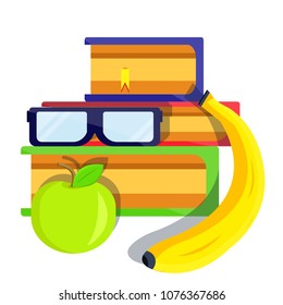 Back to shool, study, wiseacre read, geek, concept set with three books, apple, banana,glasses. School office supplies, stationery. Modern flat  style vector illustration icons. Isolated on white