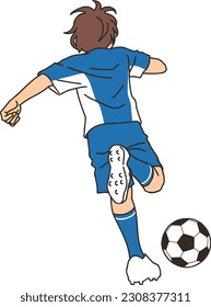 A back shot of a football player dribbling the ball