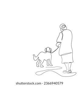 Back side of alone senior man is holding her dog are walking together in single line drawing style.Vector isolate flat continue line design of  back view of a fat old woman holding a dog on a leash.