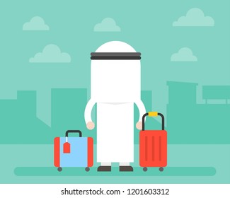 Back side of Arab Business man and luggage with building background, startup or journey concept, flat design
