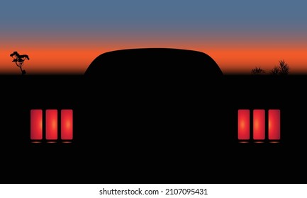 Back side of car on sunset background. Silhouette car and back lights. Vector illustration.