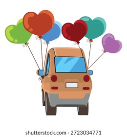 Parte trasera de un coche color chocolate. Lindo sedán con globos en forma de corazón de colores unidos al soporte del espejo retrovisor. Aislado en un fondo blanco. Adecuado para fines de ilustración.