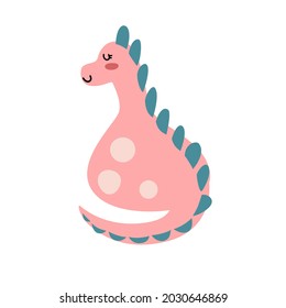 A back side of cute pink dinosaur cartoon character flat vector illustration isolated on white background. Girly dino cute character for kids. Cute animal for kids T-shirt, scrapbook or any pattern.