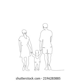 Back side of family with mother and father are holding child hands walking together in single line drawing style.Vector isolate flat continue line design  of happy family’s day or parents support kid.