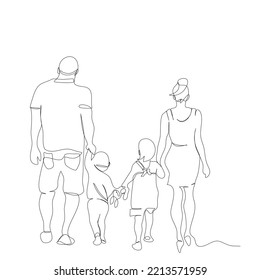 Back side of happy family are walking together in single line drawing style.Young dad holding child and beautiful mother holding daughter Vector illustration flat continue line design for family’s day