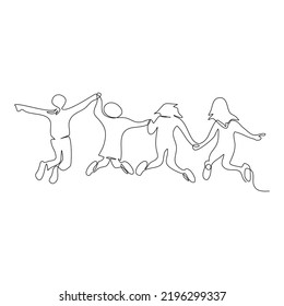 Back side of happy four girl gang are holding hands on hands and jumping together in single line drawing style with copy space.Vector isolate flat continue line design  of happy children’s day.