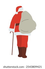 Ilustración de la parte posterior del Santa en rojo con el estilo plano del bolso de regalo Antiguas aislado en el fondo blanco. Ilustración vectorial