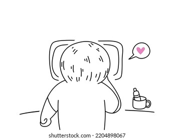 Back side of a little boy stand fron of mirror and enjoy brushing teeth with his toothpaste and glass, learning kid concept. Cartoon line art on white background. 