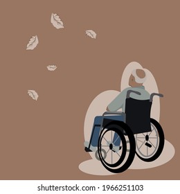 Back Side Of Lonely Old Man Is Sitting On Wheelchair And Looking At The Distant Dry Autumn Leaves In Outside In Brown Background.Vector Flat Design Concept For Entry,lonely,forlorn,desolate, Lonesome.