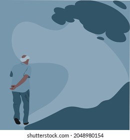 Back side of Lonely old man is walking alone to bowing down.The concept of support and care for older people under the concept of abandoned,lonely .Vector flat isolated on a dark blue background