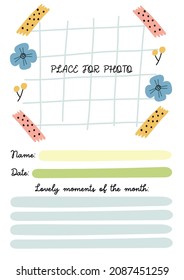 Back side milestone card for baby photo. Nursery Month card for lovely moments newborn. Baby Shower hand drawn doodle vector illustration design