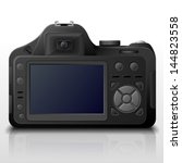 Back side of modern digital camera. Lcd screen of DSLR photo camera with control buttons. Qualitative vector image about photo, camera, digital photography, multimedia, photography equipment, etc.
