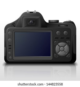 Back side of modern digital camera. Lcd screen of DSLR photo camera with control buttons. Qualitative vector image about photo, camera, digital photography, multimedia, photography equipment, etc.