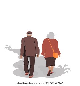 Back side of Old couple are walking together on white background.Elderly man and old woman are standing. Flat style modern vector illustration isolated concept for Valentine’s Day or love forever.