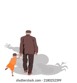 Back side of Old man and child are walking together on white background.Grandpa and grandson are standing.Flat style modern vector illustration isolated concept  for 2 generations are support together