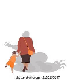 Back side of Old woman and child are walking together on white background.Grandma and grandson are standing.Flat style modern vector illustration isolated concept  for 2 generations are supporting.