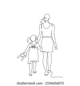 Back side one young beautiful mother is holding her daughter hands are walking together in single line drawing style Vector isolate flat continue line design  Mother’s Day Children’s day 