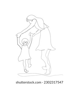 Back side of one young beautiful mother is holding her daughter hands are walking together in single line drawing style.Vector isolate flat continue line design of Mother’s Day or Children’s day.