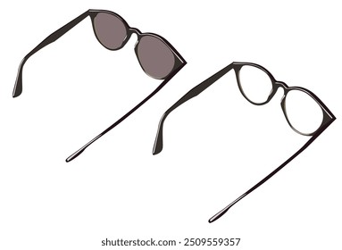 Back side of optical glasses and sunglasses on white background