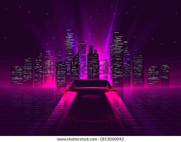 Back side sport car silhouette with neon\
glowing red rear lights riding on high speed at night with\
cityscape on background. Outrun or vaporwave retro futuristic\
aesthetic vector\
illustration.