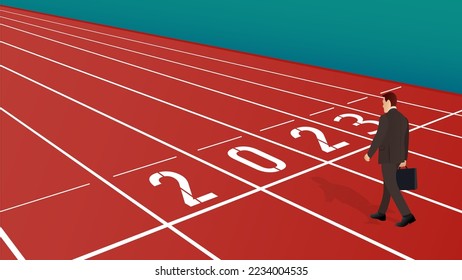 Back side view of a walking businessman holding a briefcase on number 2023 athletics track, Business concept illustration vector.