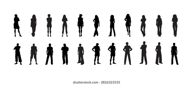 Back and side views of various people standing and walking, featuring both male and female characters in modern monochrome illustrations, vector illustration.