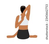 Back side of woman doing yoga exercise in cow face pose. Flat vector illustration isolated on white background