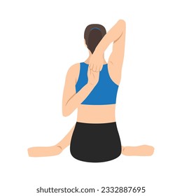Back side woman doing yoga exercise in cow face pose  Flat vector illustration isolated white background