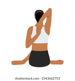 Back side woman doing yoga exercise in cow face pose  Flat vector illustration isolated white background