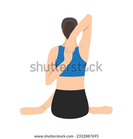 Back side of woman doing yoga exercise in cow face pose. Flat vector illustration isolated on white background