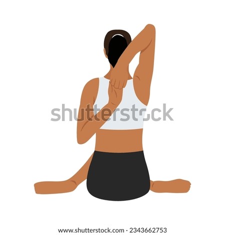 Back side of woman doing yoga exercise in cow face pose. Flat vector illustration isolated on white background