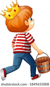 Back side of young boy wearing crown on white background illustration