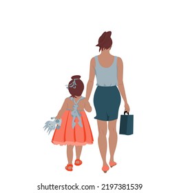 Back side of young mother right hand carry bag and left hand is holding her daughter hands are walking together on white background.Vector illustration flat design for Mother’s Day or Children’s day.