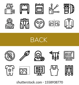 back simple icons set. Contains such icons as Acupuncture, American football player, Sweatshirt, Pant, School bag, Turn, Flip, Arrow, Long sleeve, can be used for web, mobile and logo