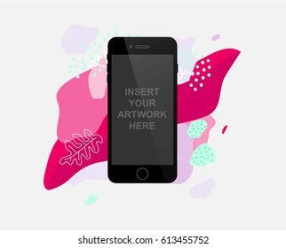 Back smart phone on colorful abstract botanical background with empty blank screen to present your app, design. Vector illustration.