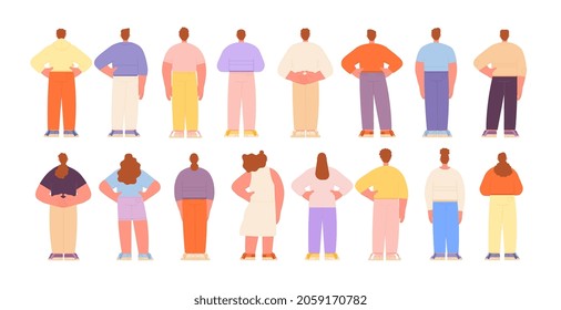 Back stand people. Crowd backs, group character looking at future. Isolated flat man woman, back view adults. Backside human poses utter vector set