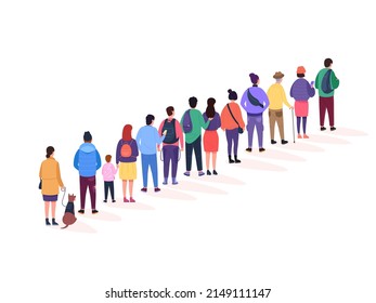 Back stand queue. Queueing people crowd long line in public bathroom, group person waiting buy airport ticket, standing character shopping registration, garish vector illustration