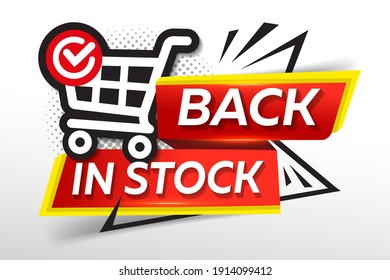 Back In Stock Banner With Basket, Vector Illustration.
