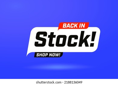 Back in stock banner template with offer to shop now. Promotion poster for online marketing campaign vector illustration