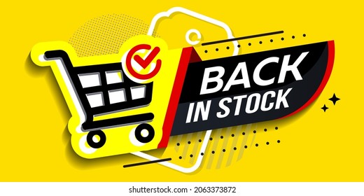 Back In Stock, Bright Vector Illustration With Shopping Trolley And Check Mark Icon.
